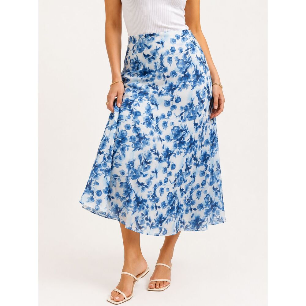 Abercrombie & Fitch Floral Flowy Midi Skirt L Blue White Chiffon Cottagecore 36"